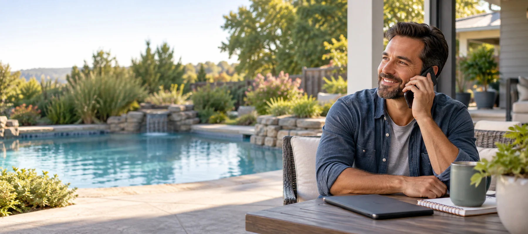 A homeowner speaking with Know Thy Pool support beside his pool
