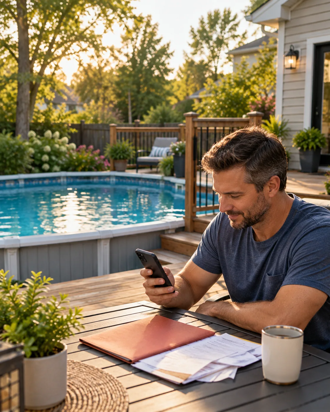 A pool owner reviewing records on a phone beside a family pool