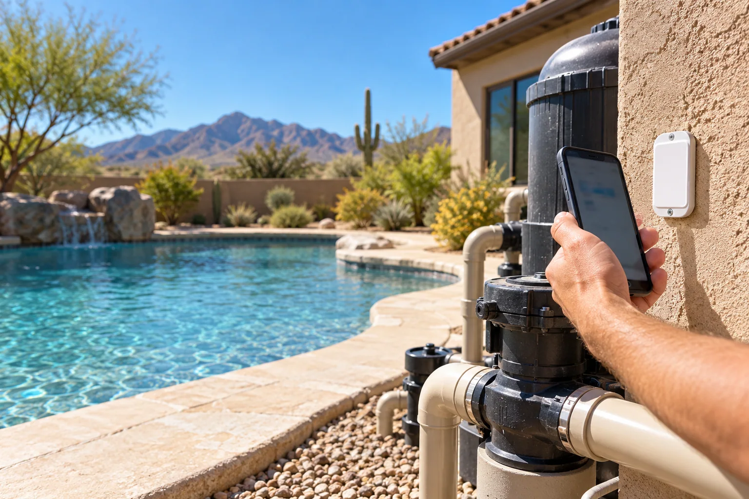 A person scanning a mounted pool tag beside equipment at a desert pool