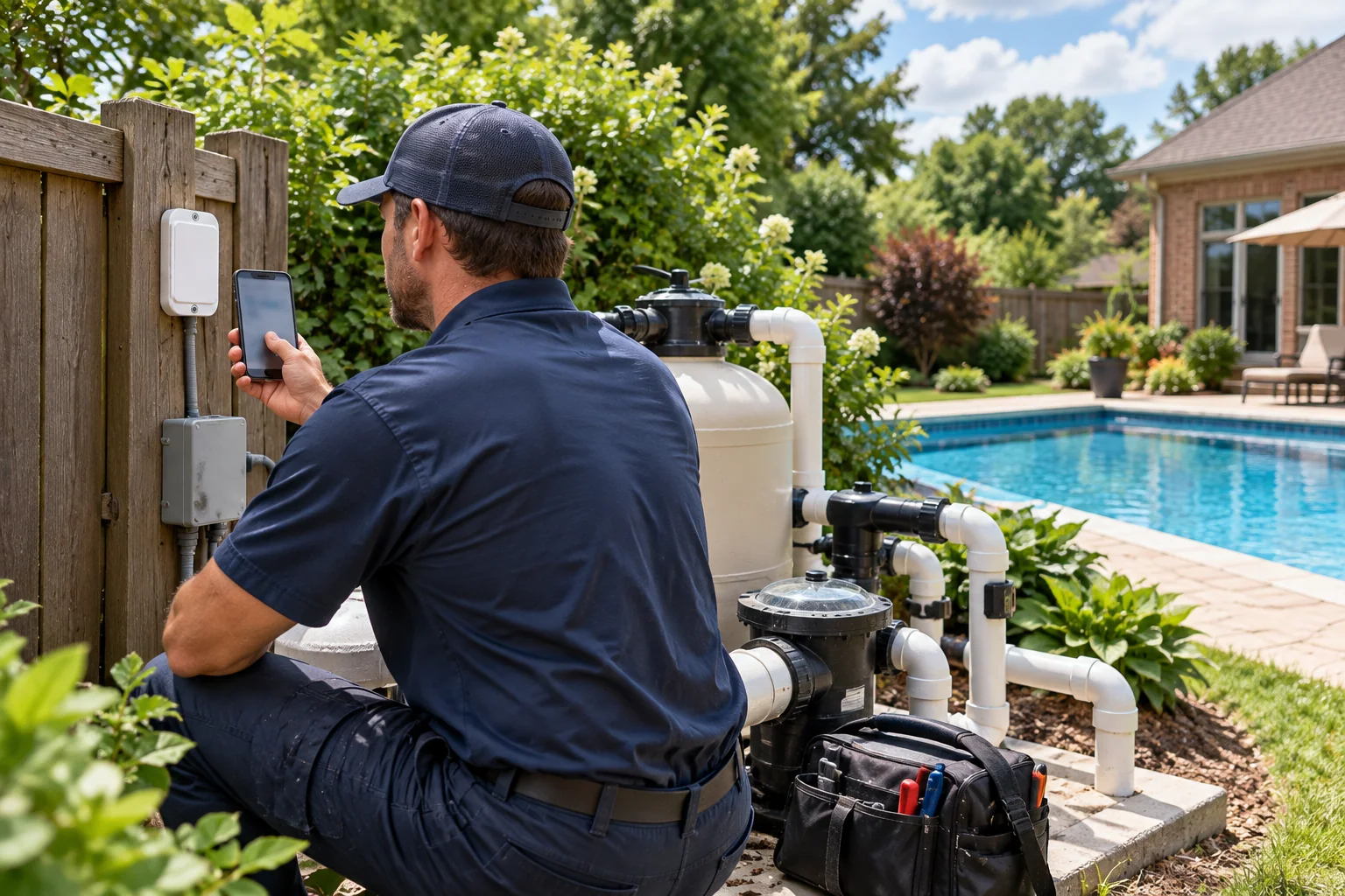 A pool service technician scanning a mounted pool tag beside the equipment