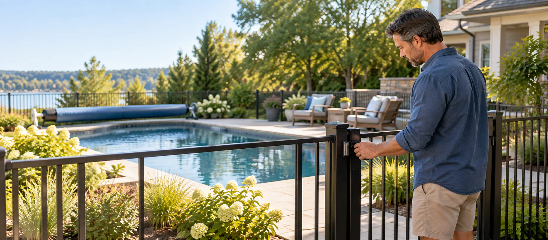 A homeowner checking that a pool safety gate is securely latched